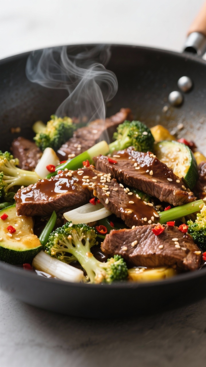 Close-up detail: Sizzling keto beef stir fry in a wok during the “combine and sauce” step—thin