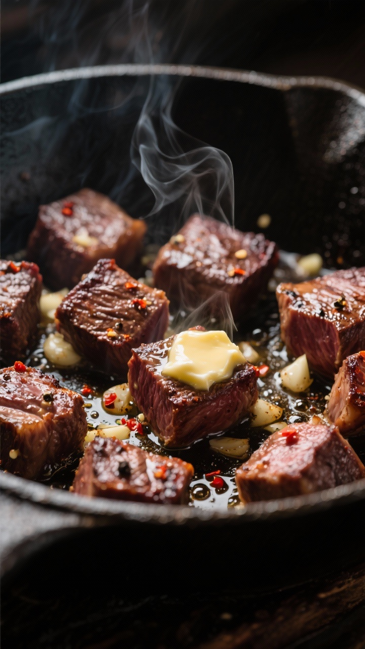 Close-up detail: Sizzling keto garlic butter steak bites in a cast-iron skillet mid-cook, showing de
