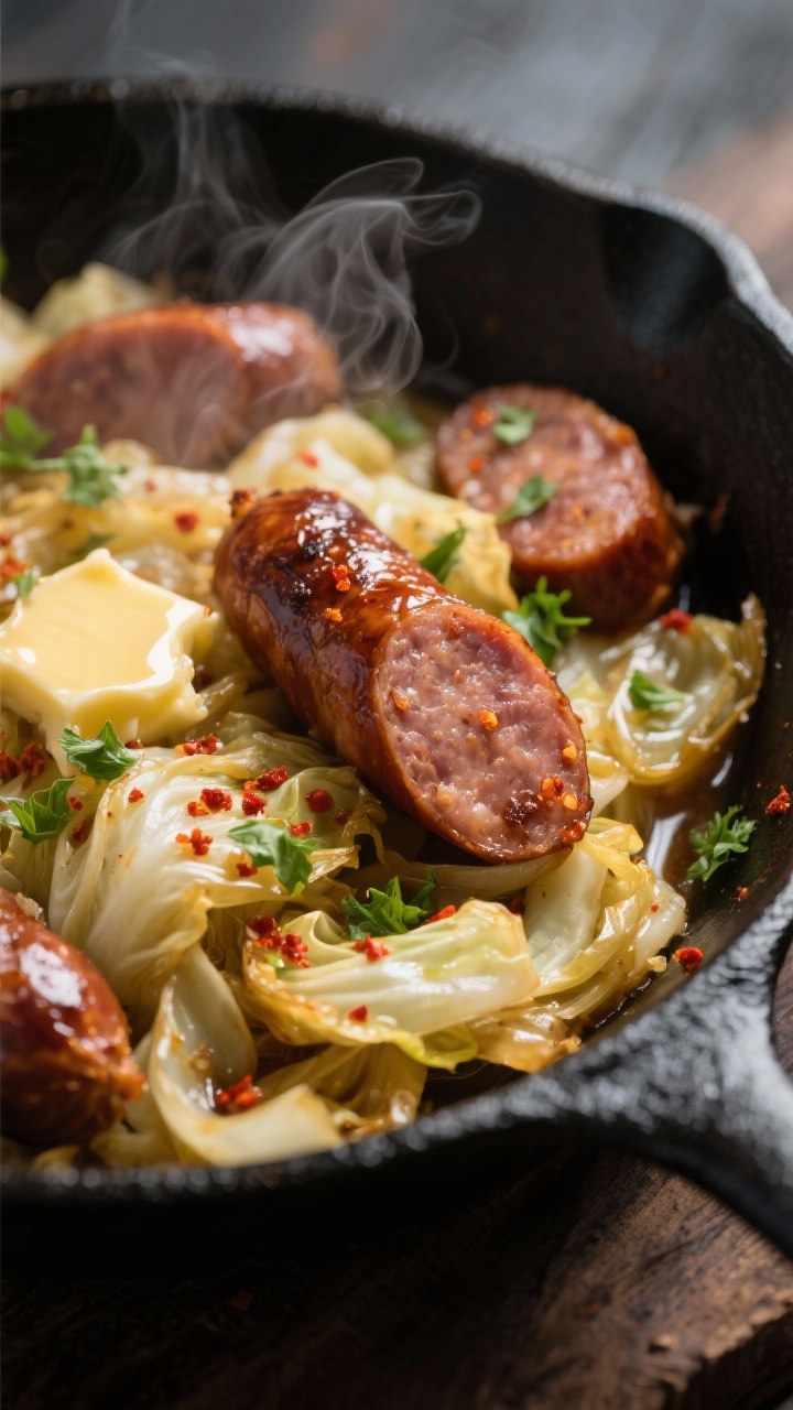 Close-up detail: Slices of browned smoked sausage nestled among tender, sautéed cabbage and golden 