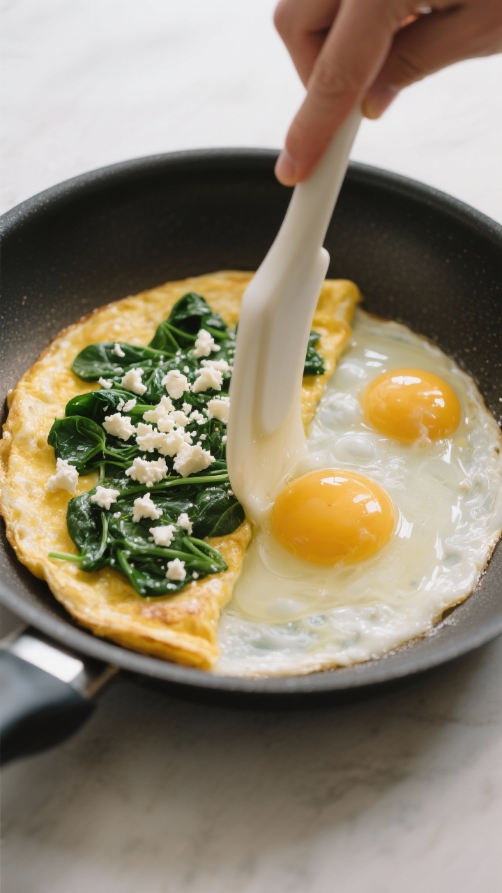 Cooking process action: Omelet mid-cook in a small nonstick pan, eggs mostly set but still glossy on