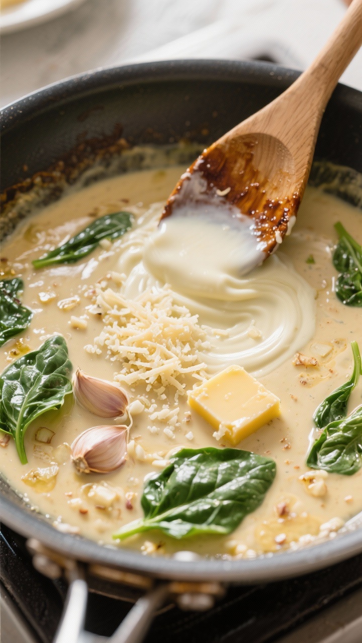 Cooking process action shot: Overhead view of the sauce-building step in the same pan after deglazin