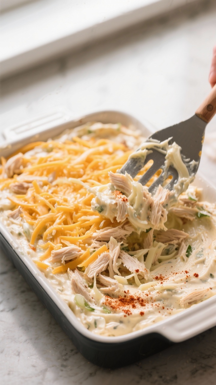 Cooking process action: The mixed dip being transferred to the baking dish, showing a spatula spread