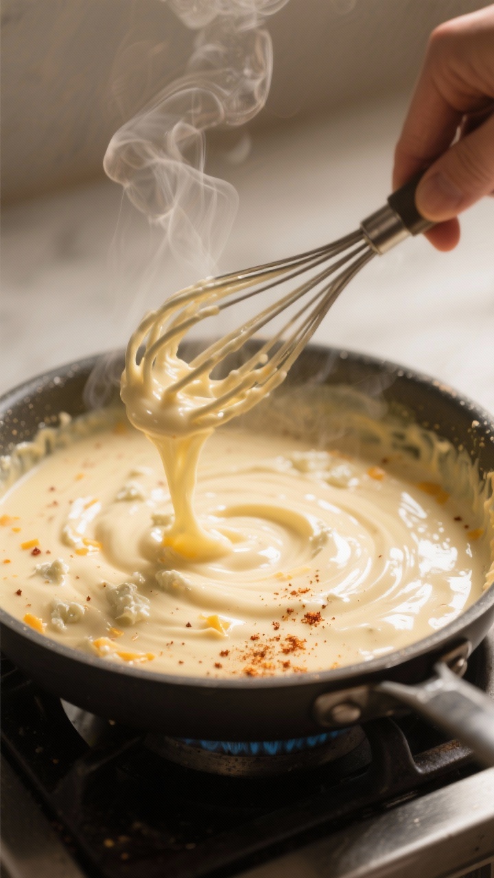 Cooking process close-up: A 10-inch saucepan on the stove with a glossy, thick keto cheese sauce bei