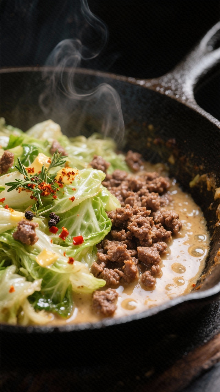 Cooking process, close-up detail: A sizzling cast-iron skillet on medium-high heat with browned crum