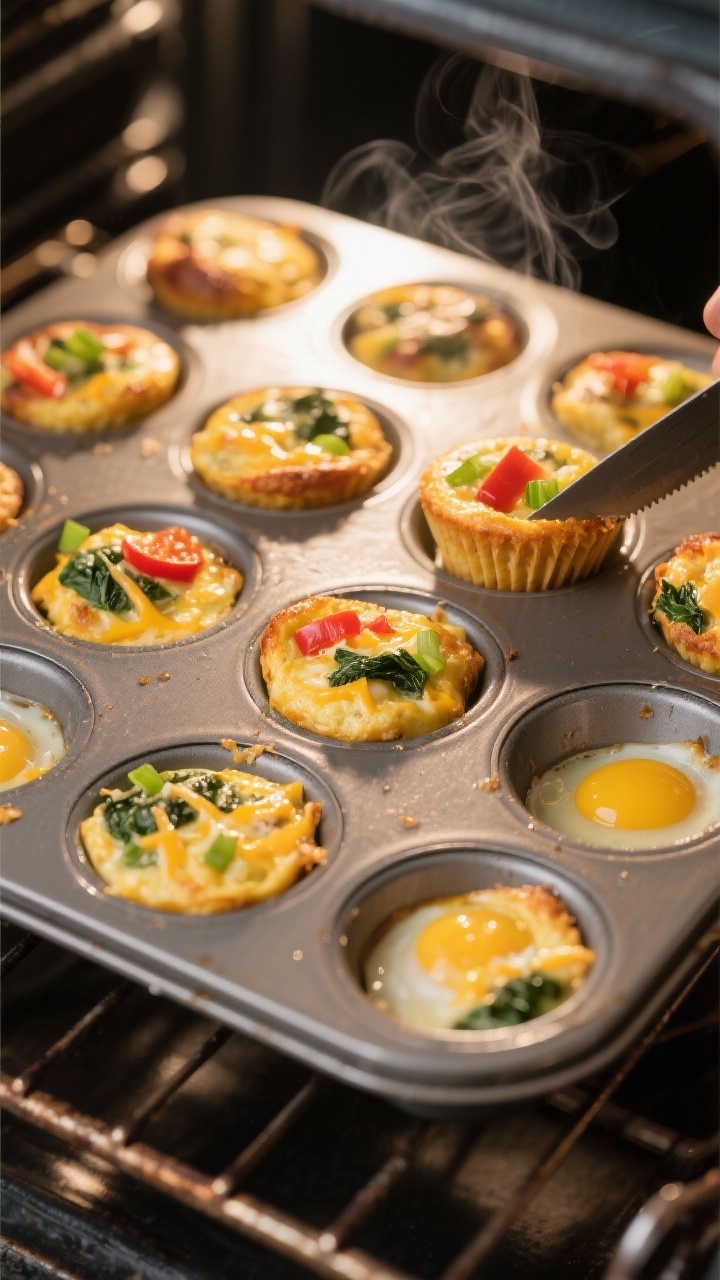 Cooking process, close-up detail: Golden, just-baked keto egg muffins still in a greased 12-cup meta
