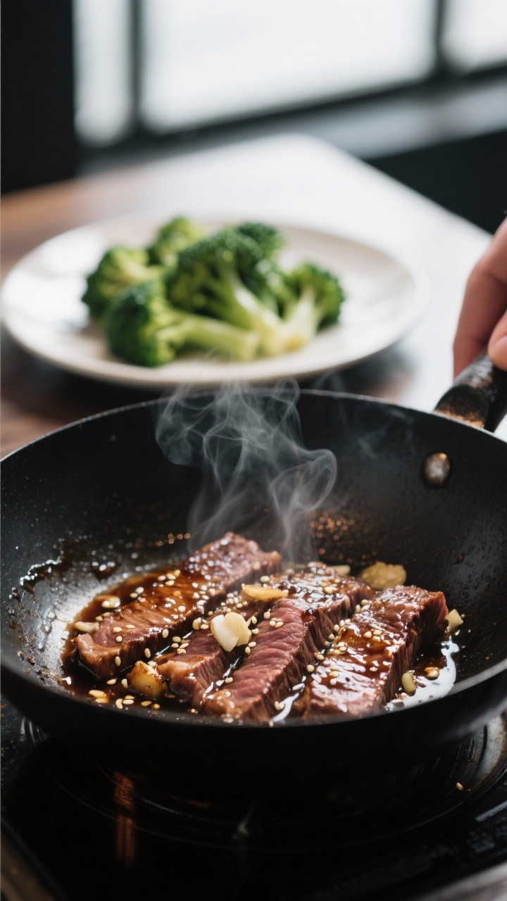 Cooking process, close-up detail: Searing thinly sliced flank steak in a hot wok, beef edges caramel