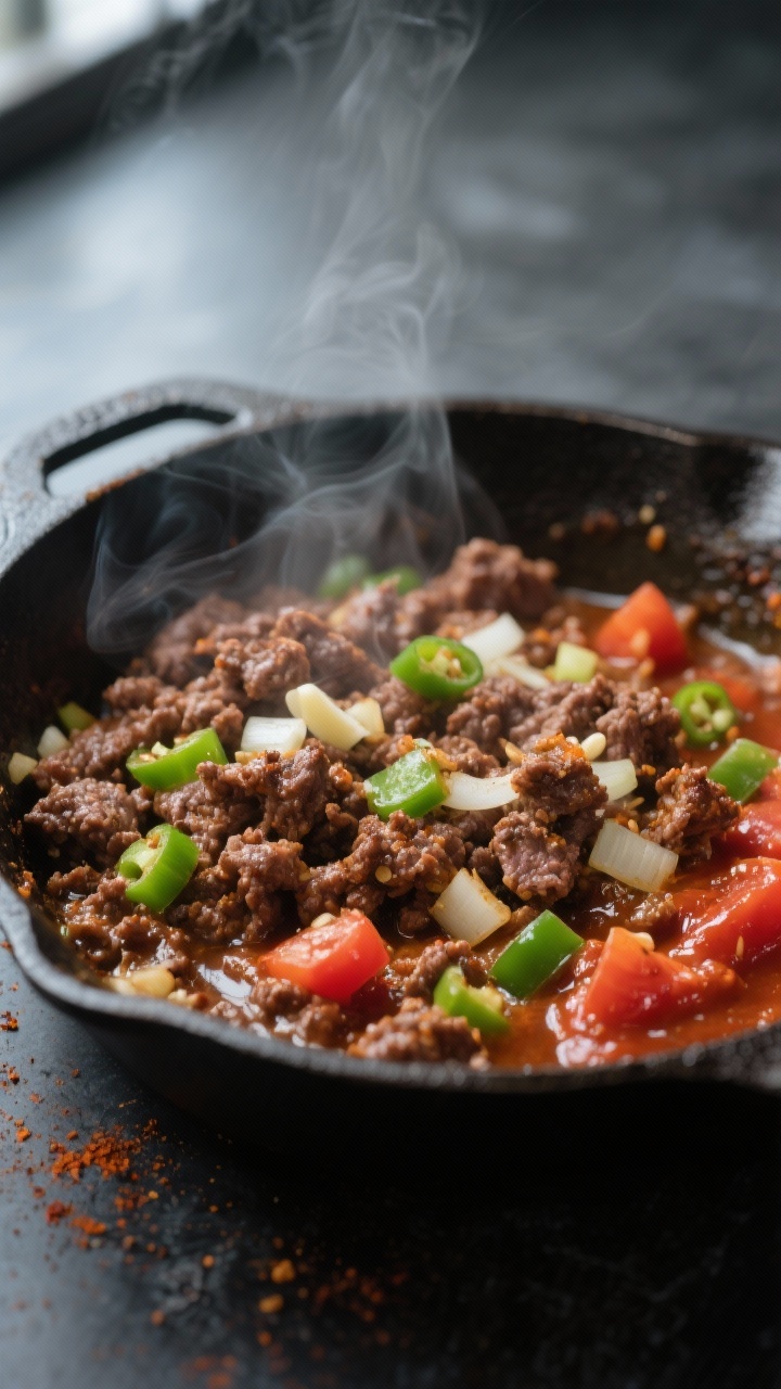 Cooking process, close-up detail: Sizzling ground beef with diced onion and green bell pepper in a c