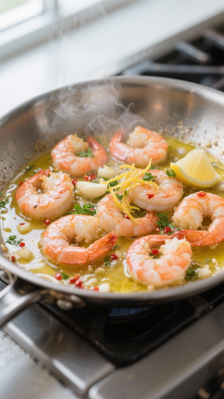 Cooking process, close-up detail: Sizzling shrimp scampi in a wide stainless-steel skillet, shrimp j