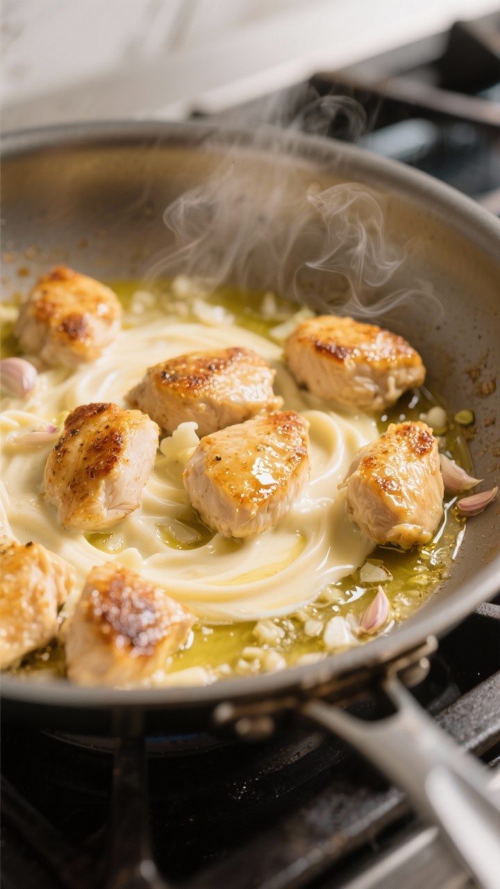 Cooking process close-up: Golden-seared chicken bites in a wide stainless skillet, glistening in but