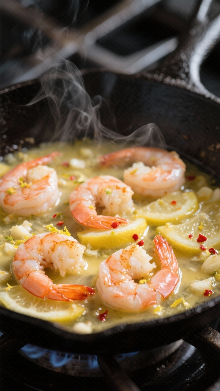 Cooking process close-up: Lemon butter shrimp sizzling in a black cast-iron skillet, shrimp just tur