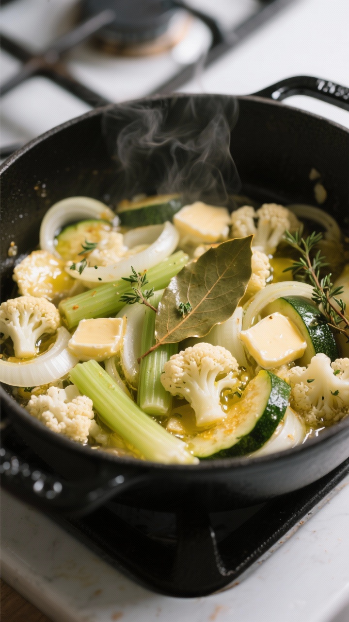 Cooking process, close-up: Sautรฉed aromatics and low-carb veggies in a Dutch ovenโsoftened onion