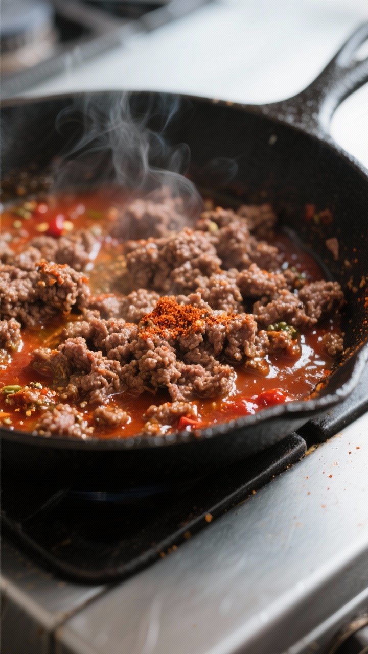 Cooking process close-up: Seasoned ground beef sizzling in a cast-iron skillet, glistening with a to