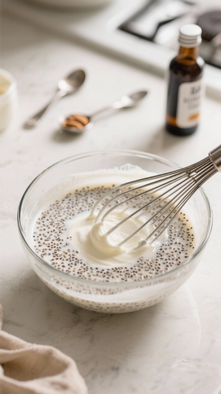 Cooking process: Keto vanilla chia pudding base being mixed in a clear bowl—almond milk and a spla