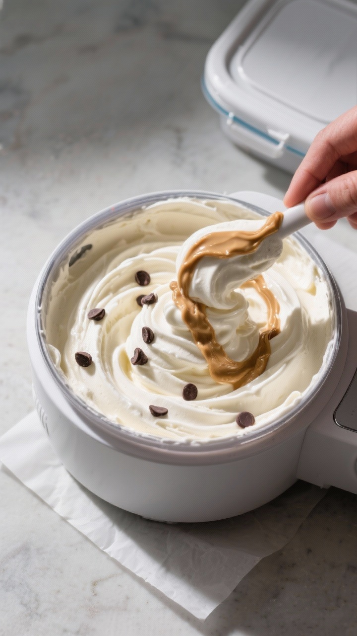 Cooking process: Overhead shot of freshly churned keto vanilla ice cream at soft-serve stage in an i