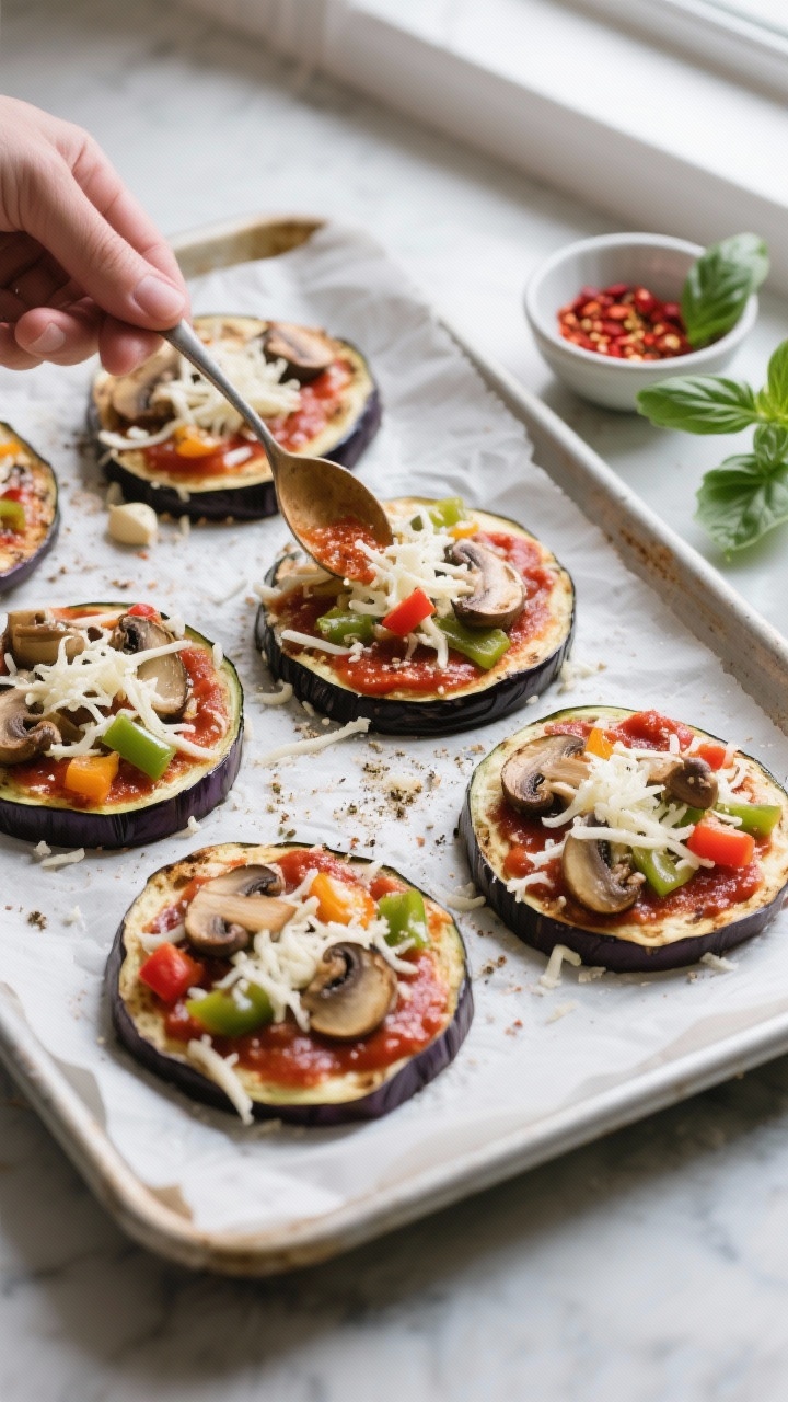 Cooking process: Overhead shot of keto eggplant pizzas mid-assembly on a parchment-lined baking shee