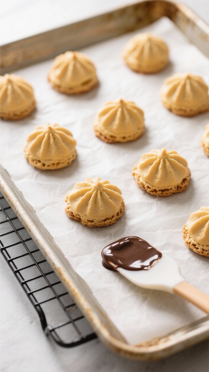Cooking process: Overhead shot of perfectly domed macaroon mounds on a parchment-lined baking sheet 