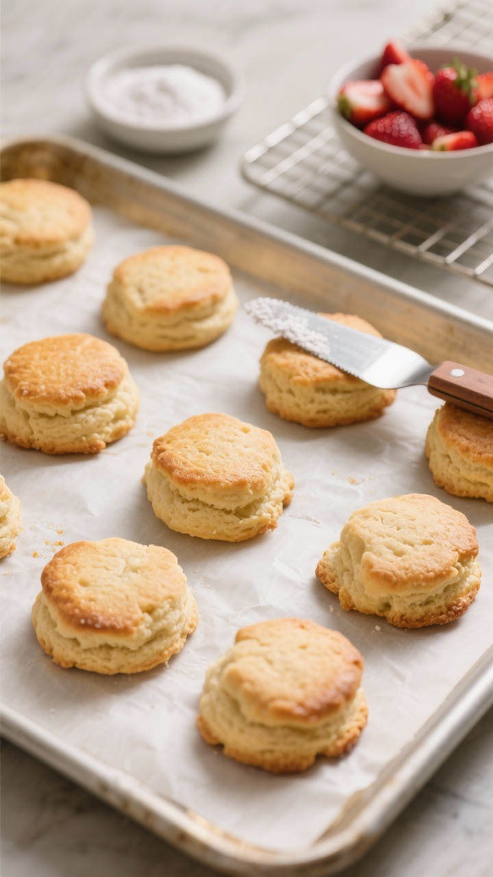 Cooking process: Overhead shot of shaped shortcake biscuit mounds just out of the oven on a parchmen
