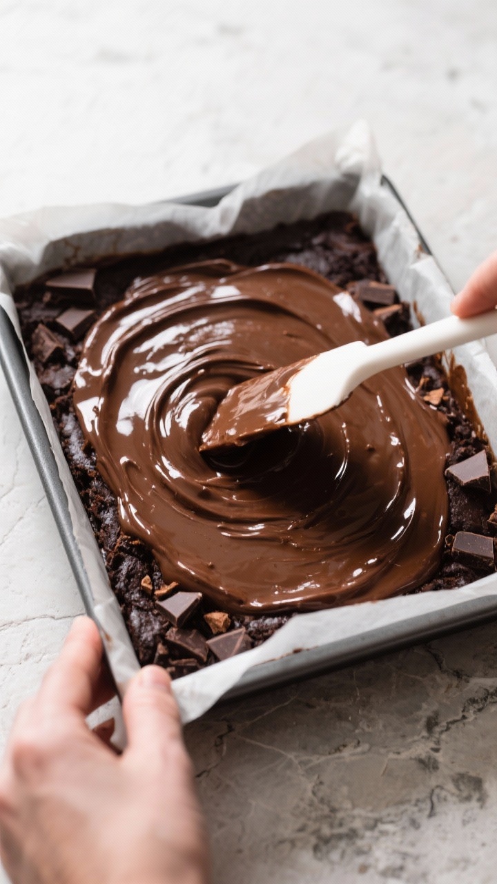 Cooking process: Overhead shot of thick, glossy brownie batter being spread smoothly in a parchment-