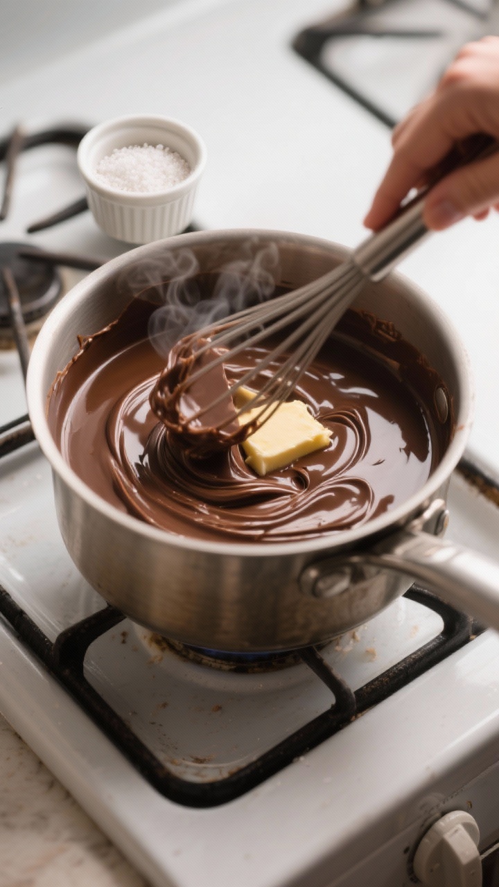 Cooking process shot: Keto chocolate fudge base melting in a saucepan—silky ribbons of sugar-free 