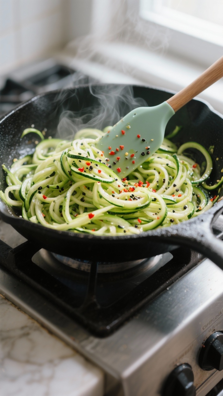 Cooking process: Zucchini noodles being quickly sautéed in a large black skillet for 1–2 minutes,