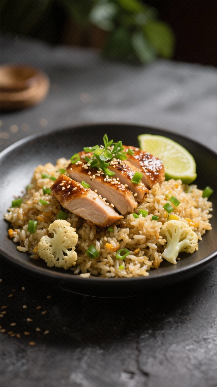 Final dish hero: Restaurant-quality plated cauliflower fried rice styled with seared chicken thigh s