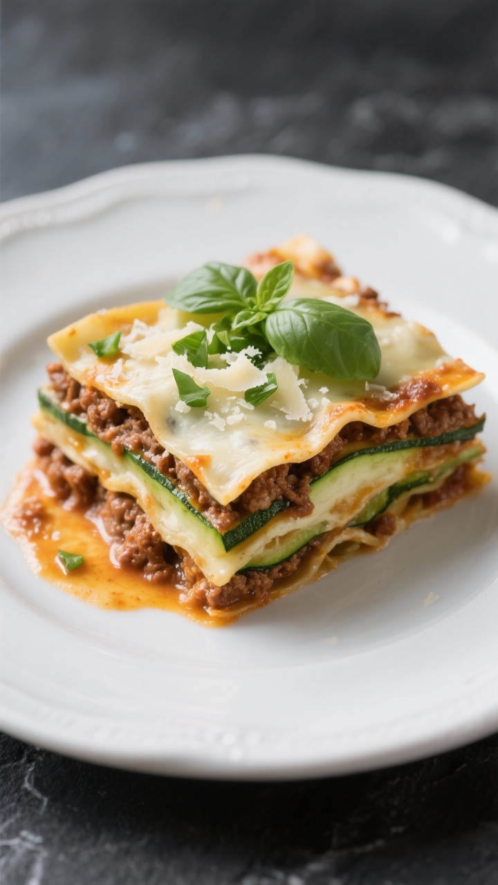 Final dish presentation: A clean slice of keto zucchini lasagna plated on a white ceramic plate, lay
