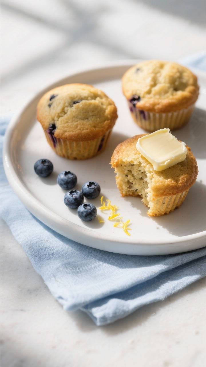 Final dish presentation: A trio of keto blueberry muffins on a white ceramic plate with a pat of but