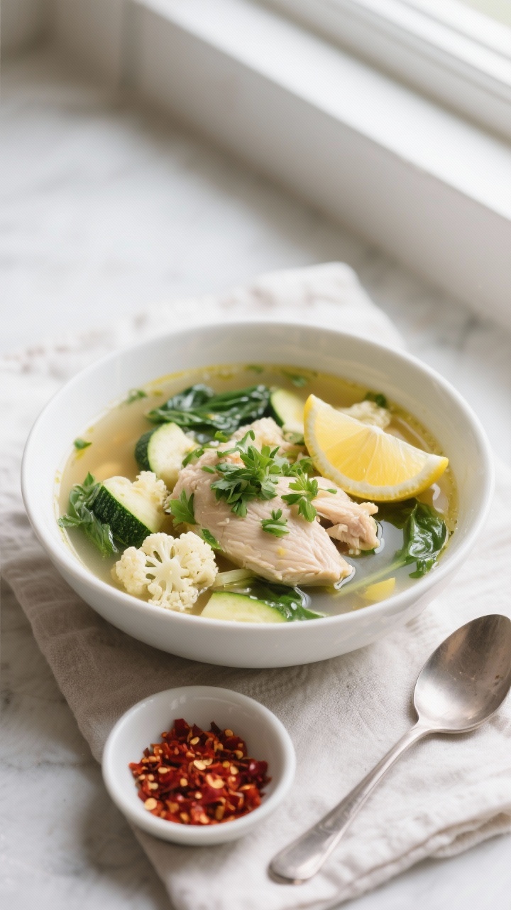 Final dish presentation: Beautifully plated bowl of keto chicken soupโrich, aromatic broth with ch