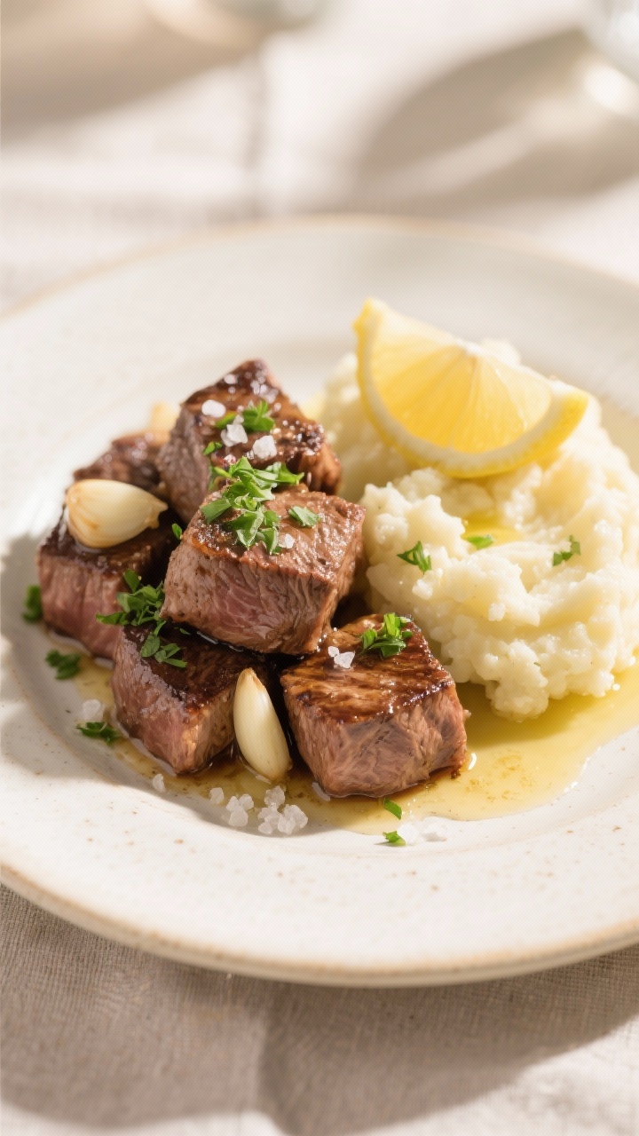Final dish presentation: Beautifully plated garlic butter steak bites piled on a warm white ceramic 