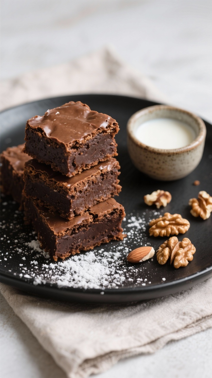 Final dish presentation: Beautifully plated keto almond flour brownie squares, cleanly sliced with s