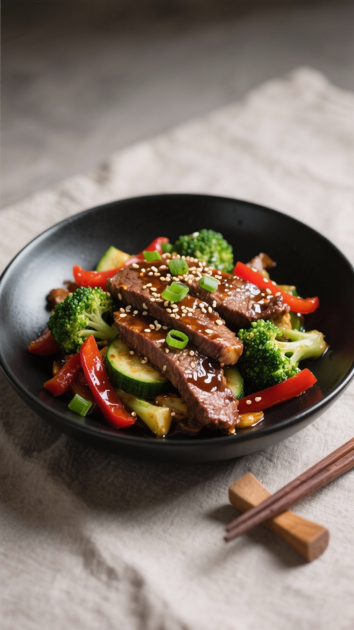 Final dish presentation: Beautifully plated Keto Beef Stir Fry arranged in a shallow matte-black bow