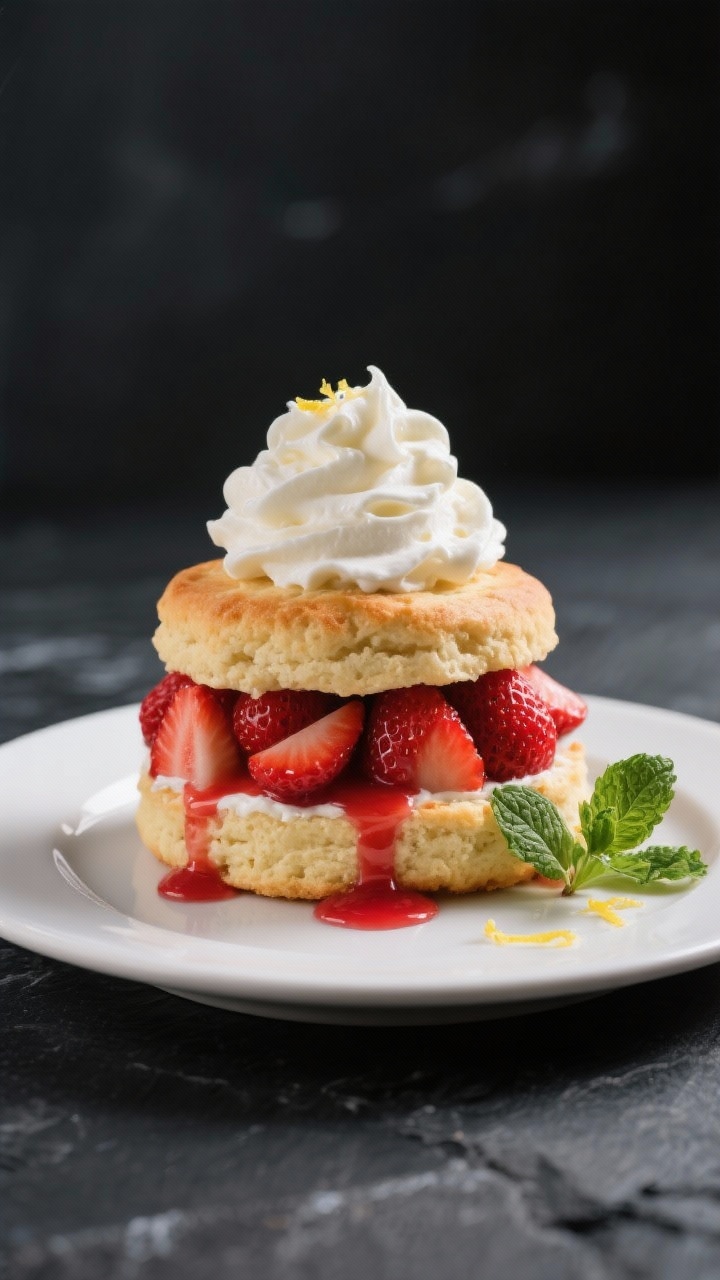 Final dish presentation: Beautifully plated keto strawberry shortcake assembled on a matte white pla