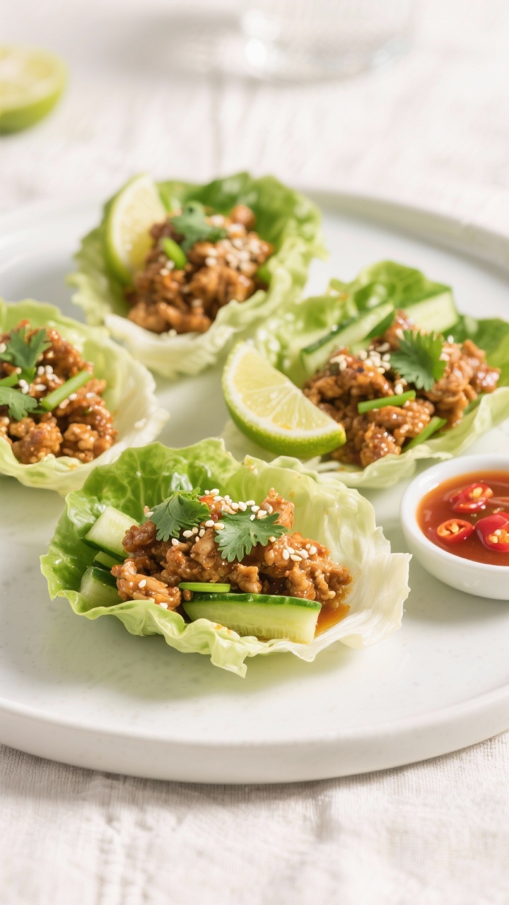 Final dish presentation: Keto chicken lettuce wraps assembled in butter lettuce cups on a matte whit