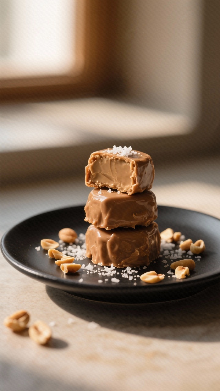 Final dish presentation: Restaurant-quality plate of finished Keto Peanut Butter Fat Bombs stacked o