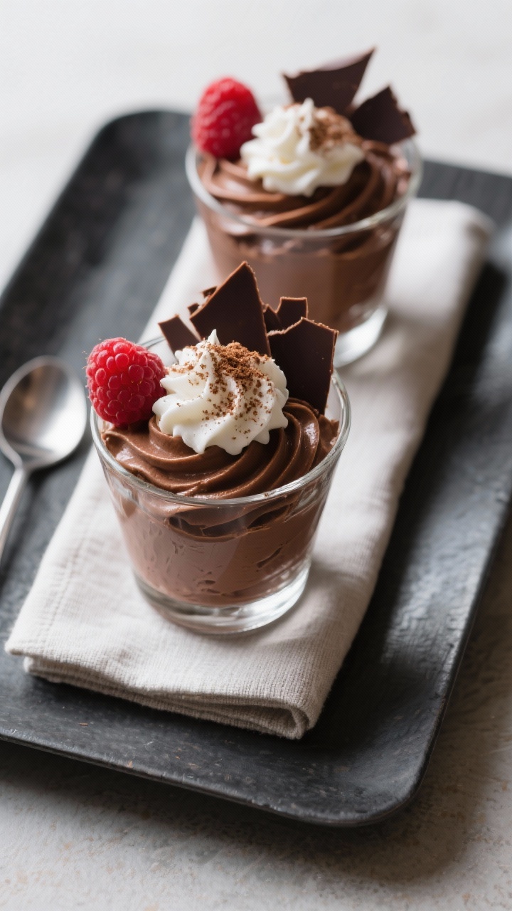 Final dish presentation: Restaurant-quality plated keto chocolate mousse piped into small clear dess