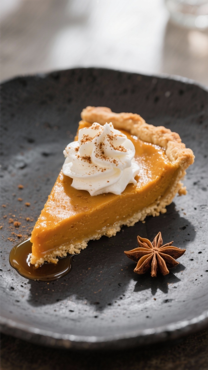 Final dish presentation: Restaurant-quality plated slice of keto pumpkin pie on a charcoal stoneware
