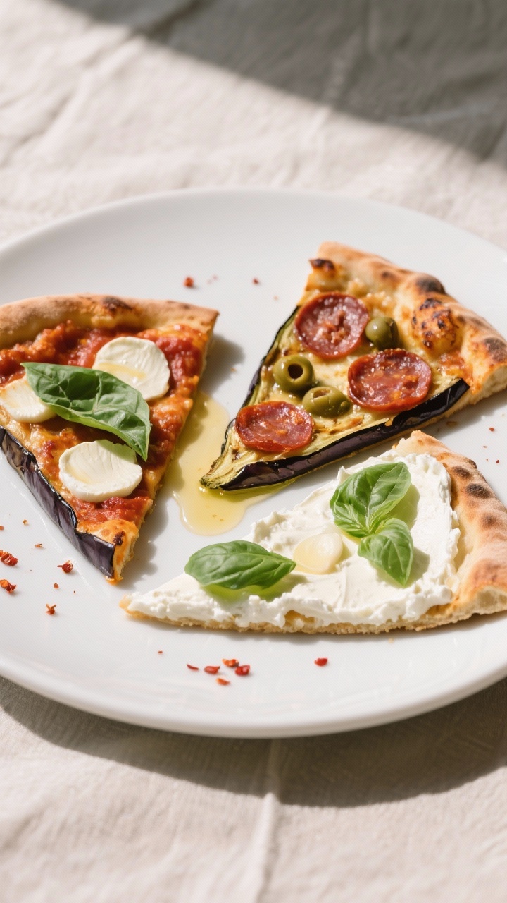 Final dish presentation: Restaurant-quality plated keto eggplant pizza trio on a matte white plate, 