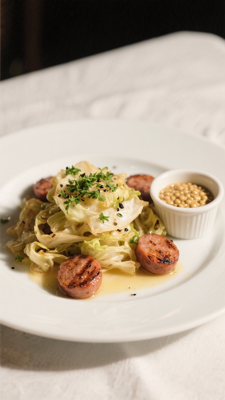 Final dish presentation: Restaurant-quality plating of the finished sausage-and-cabbage on a wide wh