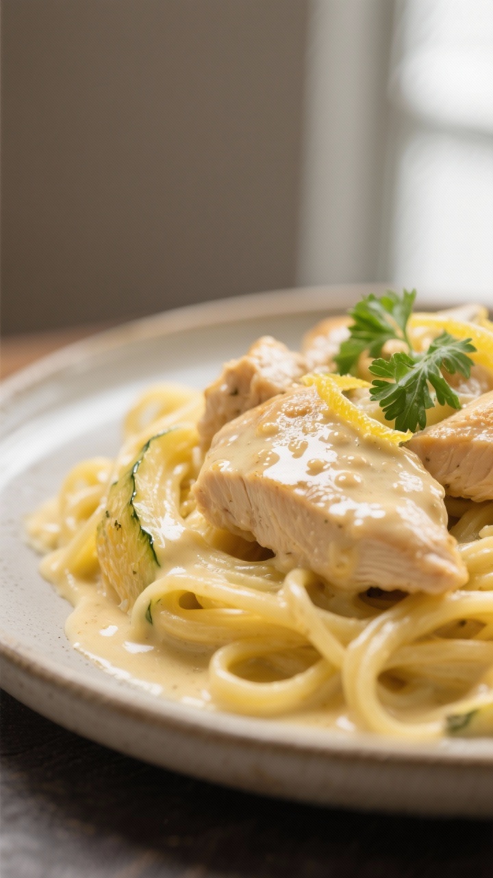Final plated detail: Restaurant-quality presentation of Keto Chicken Alfredo over spaghetti squash s
