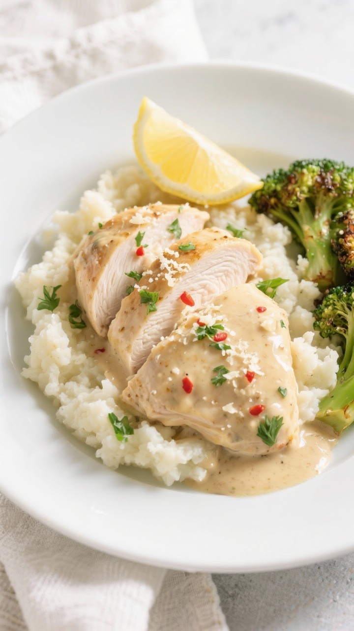 Final plated dish presentation: Beautifully plated Keto Creamy Garlic Chicken on a white shallow bow