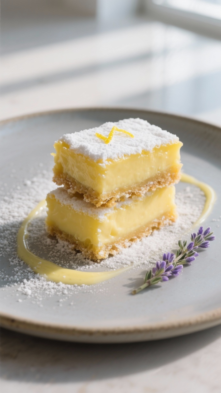 Final plated dish: Restaurant-quality presentation of two keto lemon bars stacked slightly offset on