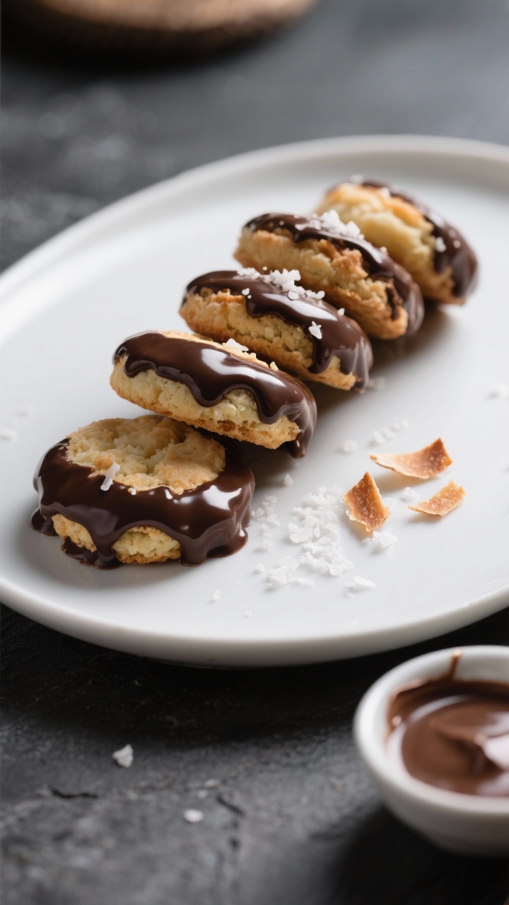 Final plated dish: Restaurant-quality presentation of keto coconut macaroons dipped in glossy sugar-
