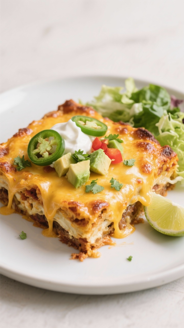 Final plated dish, restaurant-quality presentation: Golden, bubbly keto taco casserole just out of t