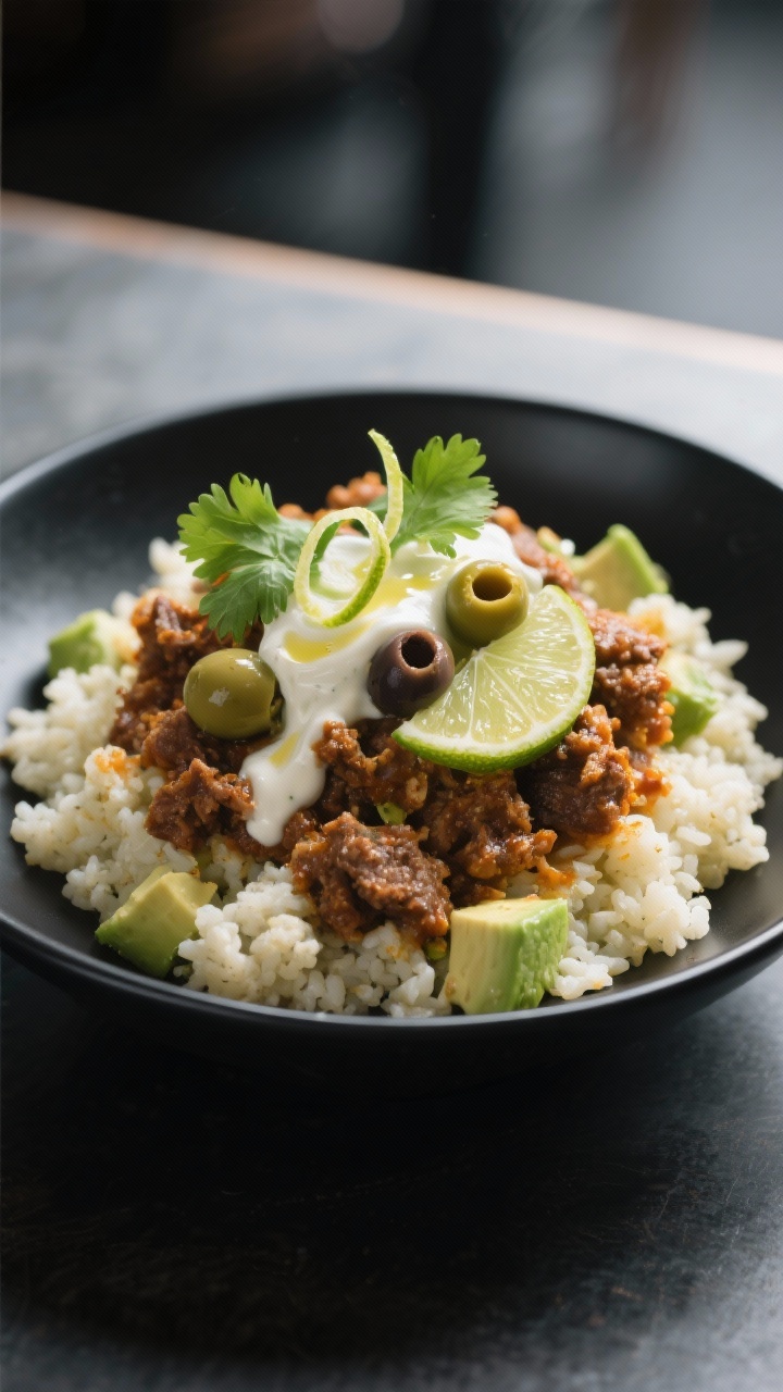 Final plated hero: Restaurant-quality presentation of a Keto Taco Bowl with extra richness—meat pi