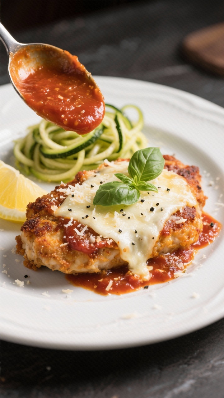 Final plated hero shot: Restaurant-quality presentation of Keto Chicken Parmesan on a white ceramic 