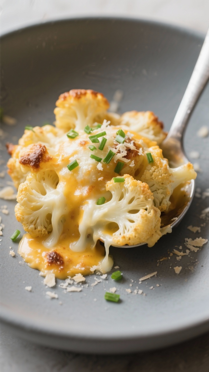 Final plated presentation: A generous scoop of the cheesy cauliflower bake served in a shallow matte