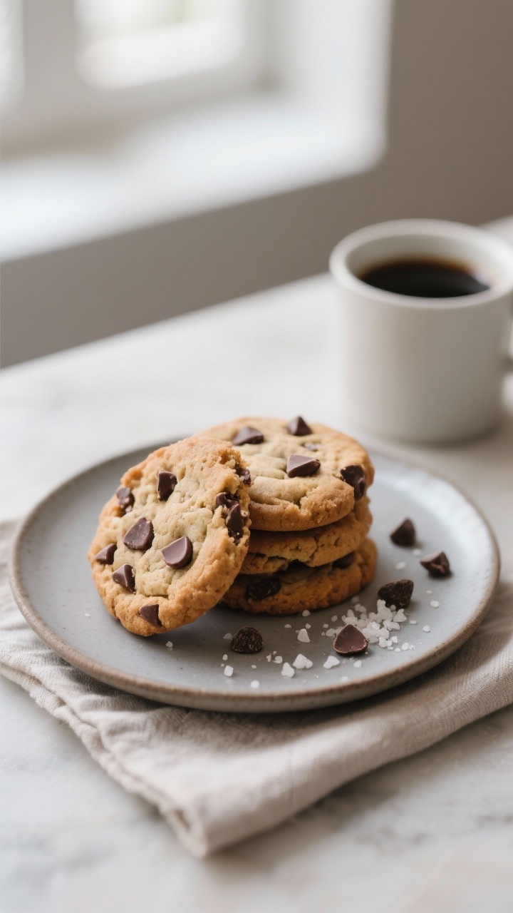 Final plated presentation: A small stack of keto chocolate chip cookies on a matte ceramic dessert p