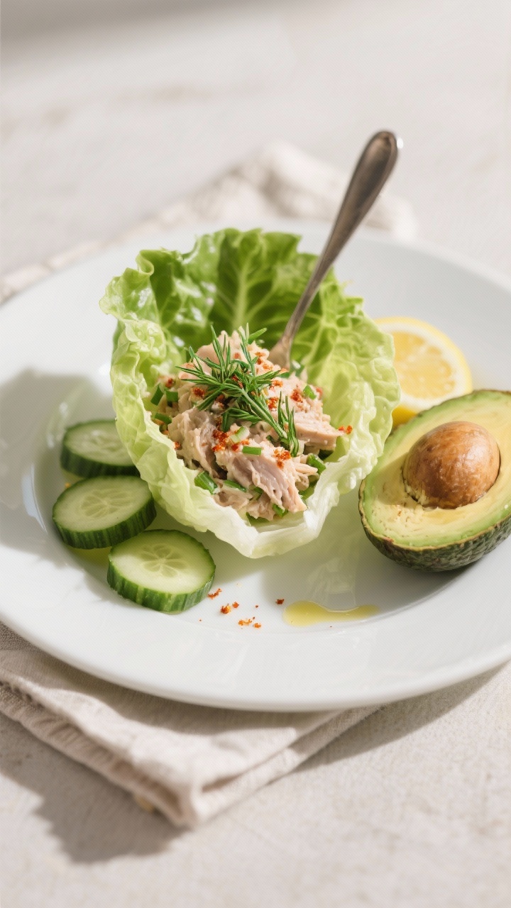 Final plated presentation: keto tuna salad spooned into crisp butter lettuce cups, garnished with ex
