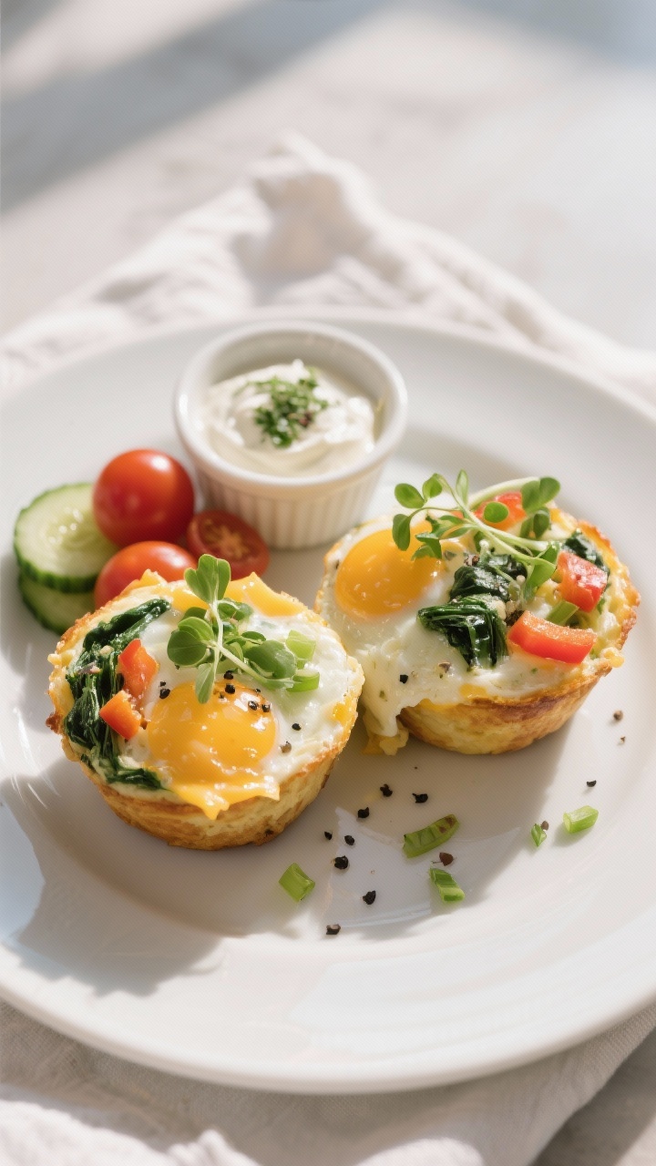 Final plated presentation: Restaurant-quality plate with two keto egg muffins sliced open to reveal 