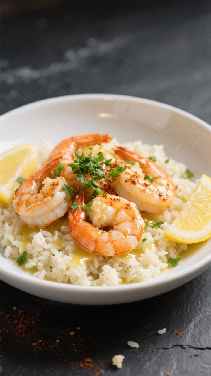 Final plated restaurant-quality dish: Lemon Butter Shrimp plated in a shallow white bowl over a bed 